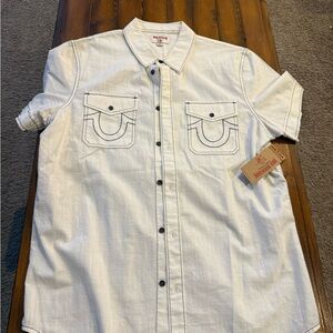 True Religion White Short-Sleeve Button-Down Shirt with Contrast Stitch